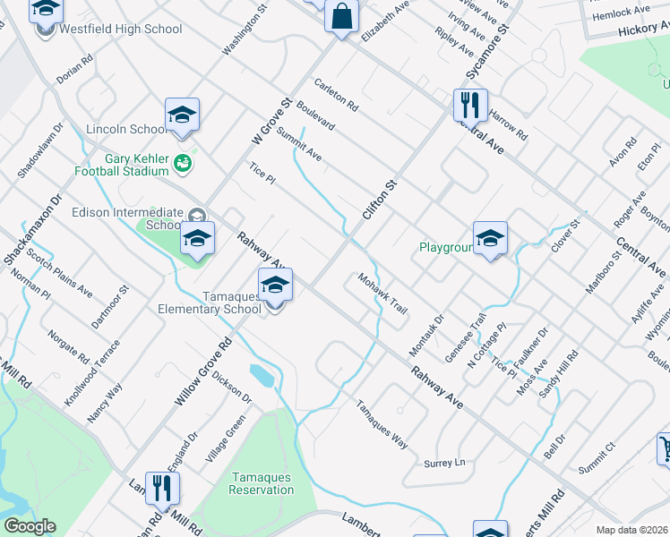 map of restaurants, bars, coffee shops, grocery stores, and more near 513 Clifton Street in Westfield