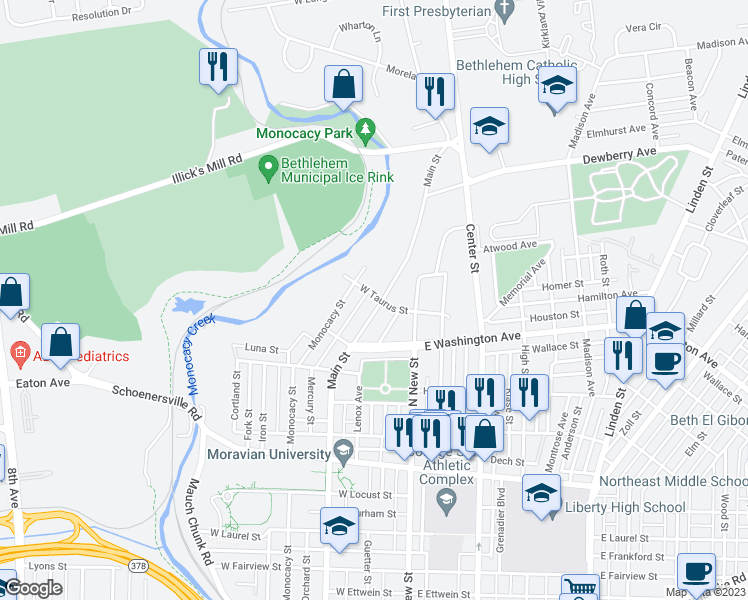 map of restaurants, bars, coffee shops, grocery stores, and more near 1725 Main Street in Bethlehem