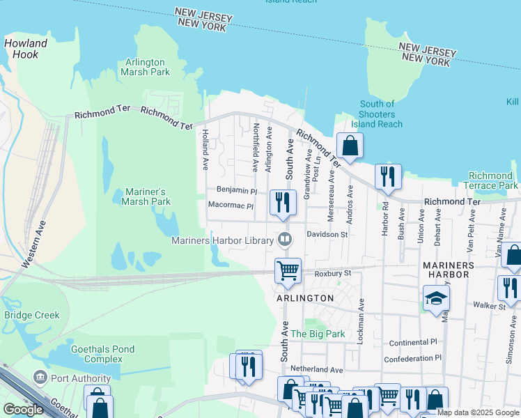 map of restaurants, bars, coffee shops, grocery stores, and more near 152 Arlington Avenue in Staten Island