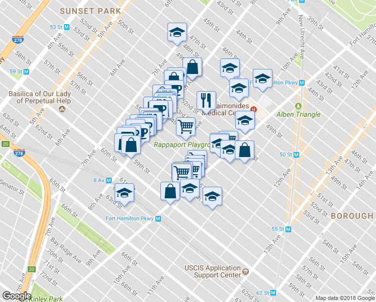 map of restaurants, bars, coffee shops, grocery stores, and more near 920 55th Street in Brooklyn