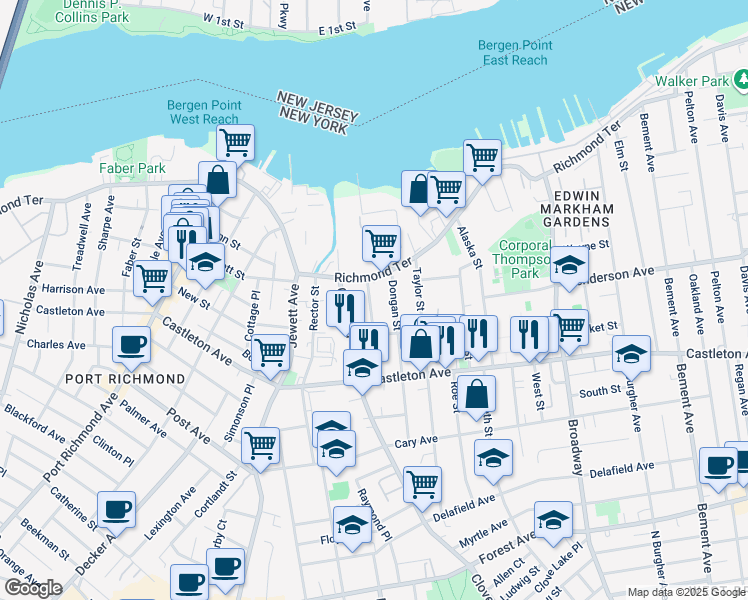 map of restaurants, bars, coffee shops, grocery stores, and more near 83 Bodine Street in Staten Island