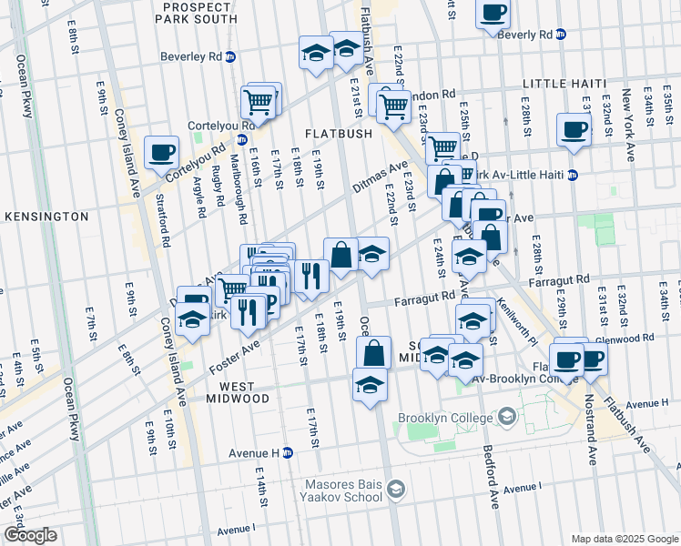 map of restaurants, bars, coffee shops, grocery stores, and more near 601 East 19th Street in Brooklyn