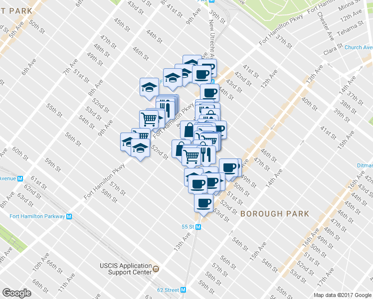 map of restaurants, bars, coffee shops, grocery stores, and more near 1130 50th Street in Brooklyn