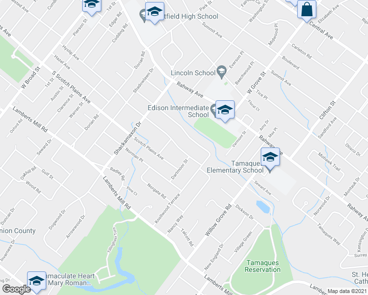 map of restaurants, bars, coffee shops, grocery stores, and more near 765 Hyslip Avenue in Westfield