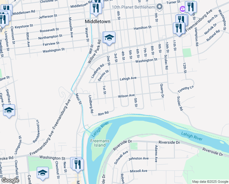 map of restaurants, bars, coffee shops, grocery stores, and more near 1526 2nd St in Bethlehem