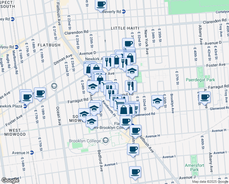 map of restaurants, bars, coffee shops, grocery stores, and more near 582 East 28th Street in Brooklyn