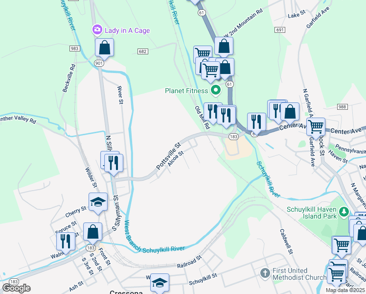 map of restaurants, bars, coffee shops, grocery stores, and more near 149 Pottsville Street in Cressona