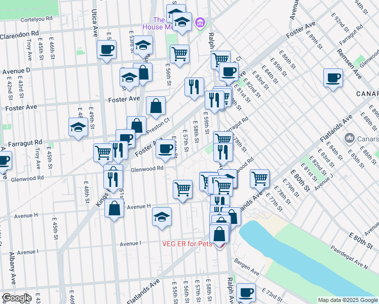 map of restaurants, bars, coffee shops, grocery stores, and more near 679 East 57th Street in Brooklyn