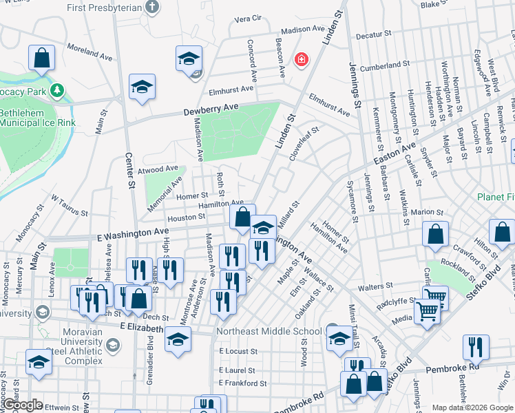 map of restaurants, bars, coffee shops, grocery stores, and more near 1628 Linden Street in Bethlehem