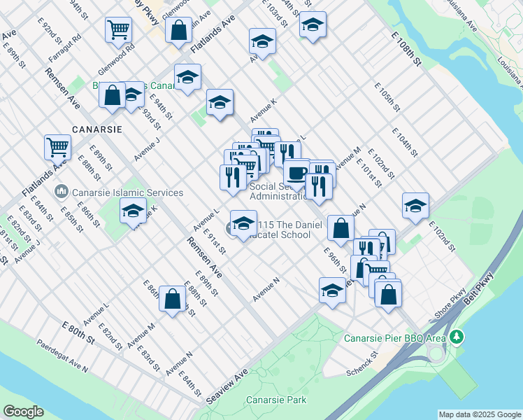 map of restaurants, bars, coffee shops, grocery stores, and more near 1464 E 95th St in Brooklyn