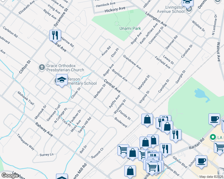 map of restaurants, bars, coffee shops, grocery stores, and more near 189 Vernon Terrace in Westfield