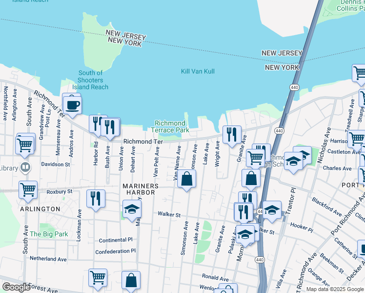 map of restaurants, bars, coffee shops, grocery stores, and more near 9 Van Name Avenue in Staten Island
