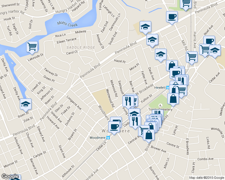 map of restaurants, bars, coffee shops, grocery stores, and more near 357 Midwood Rd in Woodmere