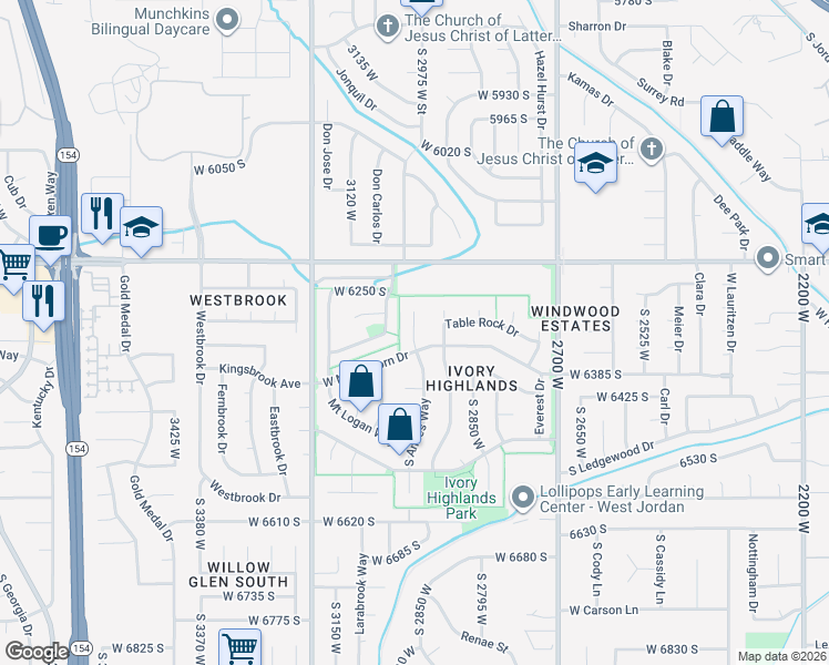 map of restaurants, bars, coffee shops, grocery stores, and more near 6313 Lake Fork Circle in West Jordan