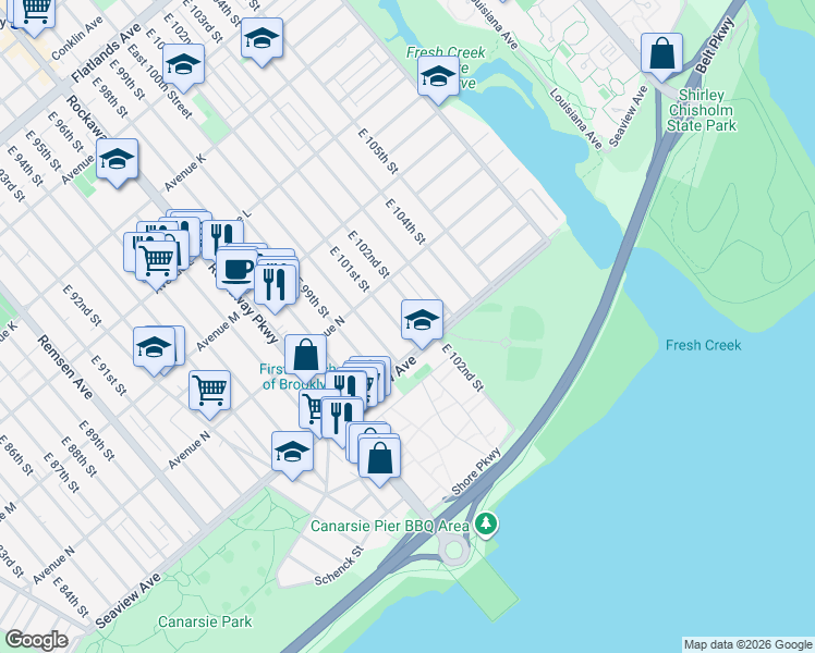 map of restaurants, bars, coffee shops, grocery stores, and more near 1459 East 101st Street in Brooklyn
