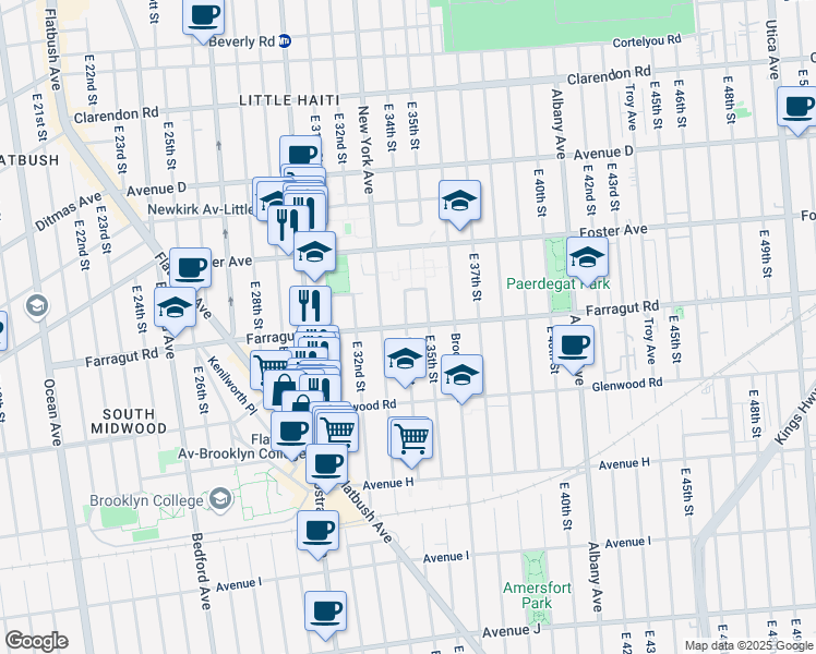 map of restaurants, bars, coffee shops, grocery stores, and more near 3402 Farragut Road in Brooklyn
