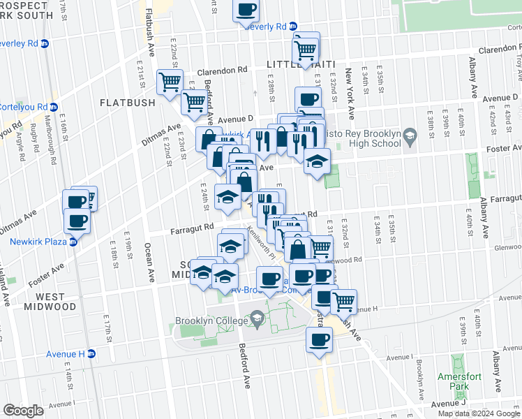 map of restaurants, bars, coffee shops, grocery stores, and more near 1401 Flatbush Avenue in Brooklyn
