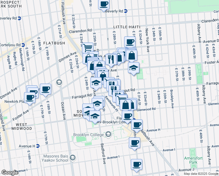map of restaurants, bars, coffee shops, grocery stores, and more near 1401 Flatbush Avenue in Brooklyn