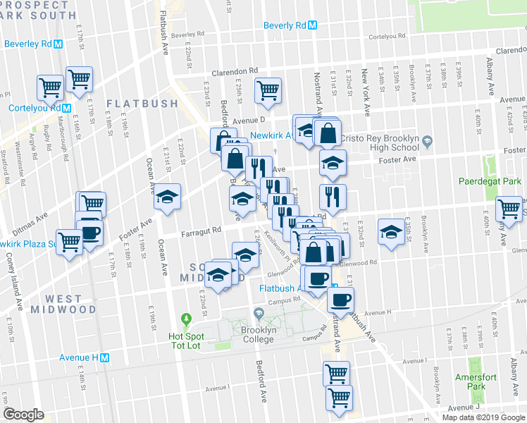 map of restaurants, bars, coffee shops, grocery stores, and more near 1401 Flatbush Avenue in Brooklyn