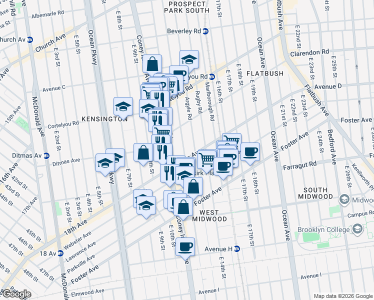 map of restaurants, bars, coffee shops, grocery stores, and more near 506 Westminster Road in Brooklyn