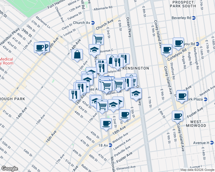 map of restaurants, bars, coffee shops, grocery stores, and more near 602 East 2nd Street in Brooklyn
