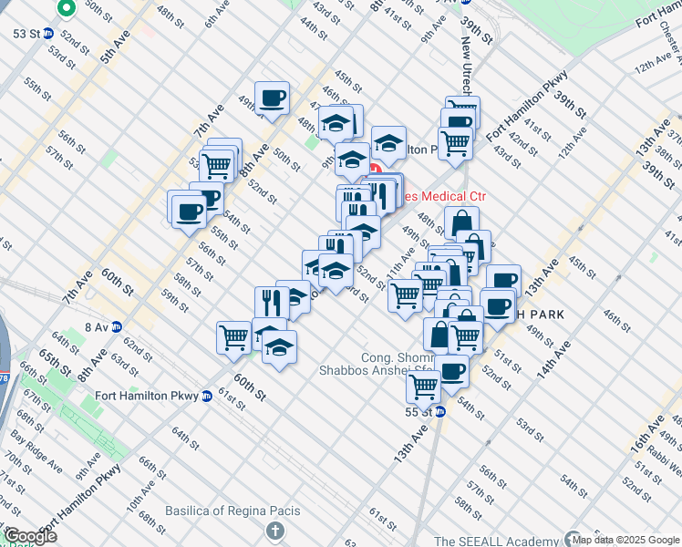 map of restaurants, bars, coffee shops, grocery stores, and more near 5205 Fort Hamilton Parkway in Brooklyn