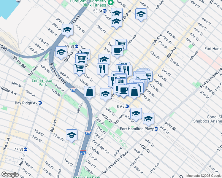 map of restaurants, bars, coffee shops, grocery stores, and more near 666 61st Street in Brooklyn
