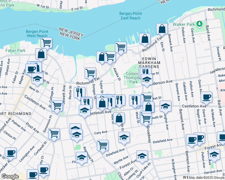 map of restaurants, bars, coffee shops, grocery stores, and more near 99 Taylor Street in Staten Island