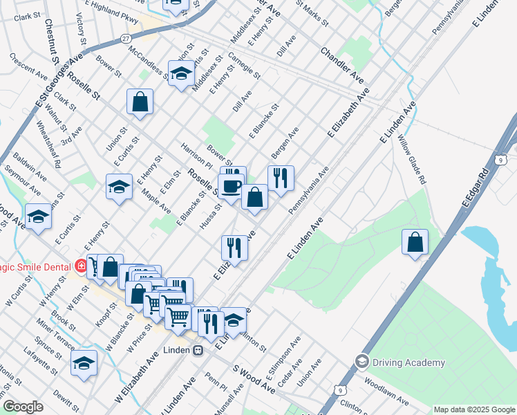 map of restaurants, bars, coffee shops, grocery stores, and more near 620 Essex Avenue in Linden
