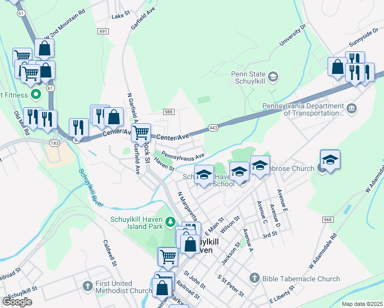 map of restaurants, bars, coffee shops, grocery stores, and more near 31 Stanton Street in Schuylkill Haven