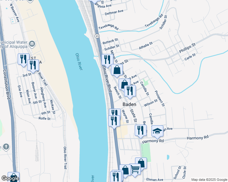 map of restaurants, bars, coffee shops, grocery stores, and more near 379 Mellon Avenue in Baden