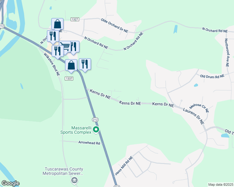 map of restaurants, bars, coffee shops, grocery stores, and more near 861 Kerns Drive Northeast in Bolivar