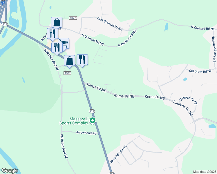 map of restaurants, bars, coffee shops, grocery stores, and more near 805 Kerns Drive Northeast in Bolivar