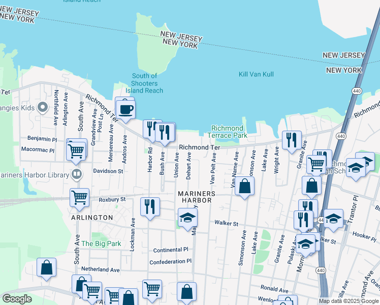 map of restaurants, bars, coffee shops, grocery stores, and more near 9 Dehart Avenue in Staten Island