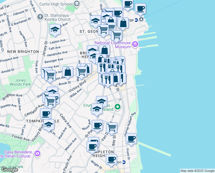 map of restaurants, bars, coffee shops, grocery stores, and more near 58 Van Duzer Street in Staten Island