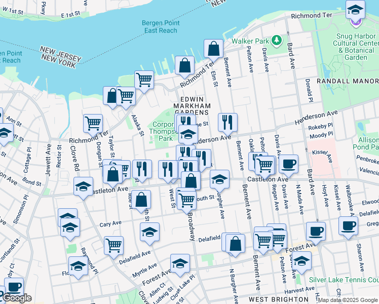 map of restaurants, bars, coffee shops, grocery stores, and more near 220 Broadway in Staten Island