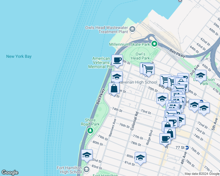map of restaurants, bars, coffee shops, grocery stores, and more near 7106 Shore Road in Brooklyn