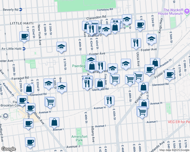 map of restaurants, bars, coffee shops, grocery stores, and more near 761A East 42nd Street in Brooklyn
