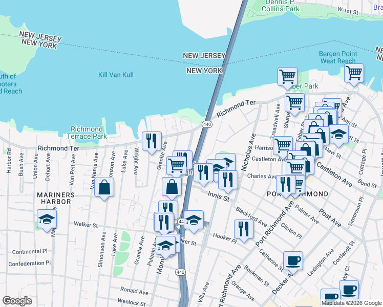 map of restaurants, bars, coffee shops, grocery stores, and more near 47 Morningstar Road in Staten Island