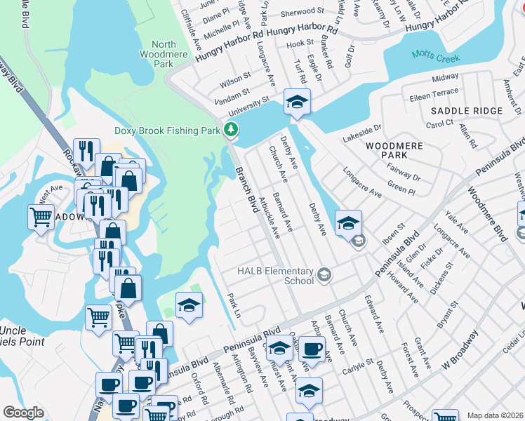 map of restaurants, bars, coffee shops, grocery stores, and more near 723 Arbuckle Avenue in Woodmere