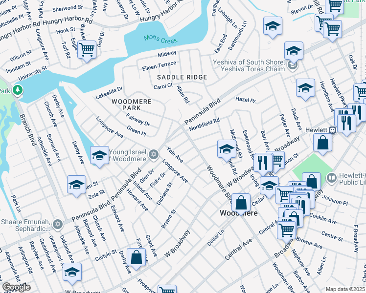 map of restaurants, bars, coffee shops, grocery stores, and more near 891 Cambridge Road in Woodmere