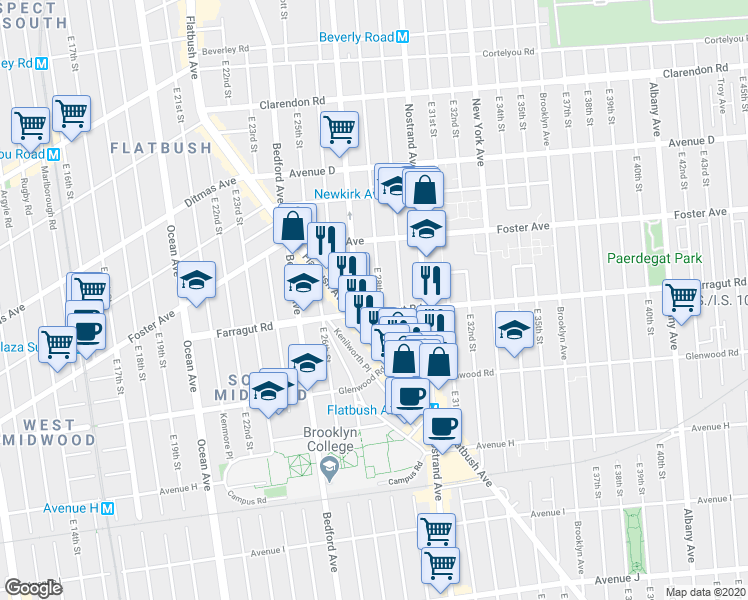 map of restaurants, bars, coffee shops, grocery stores, and more near 582 East 28th Street in Brooklyn