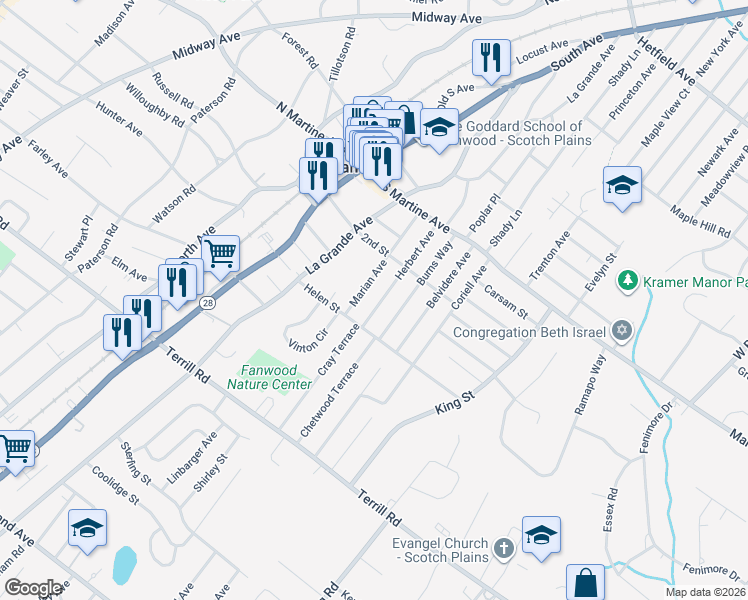 map of restaurants, bars, coffee shops, grocery stores, and more near 151 Herbert Avenue in Fanwood