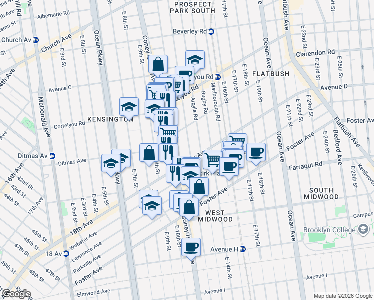 map of restaurants, bars, coffee shops, grocery stores, and more near 506 Westminster Road in Brooklyn