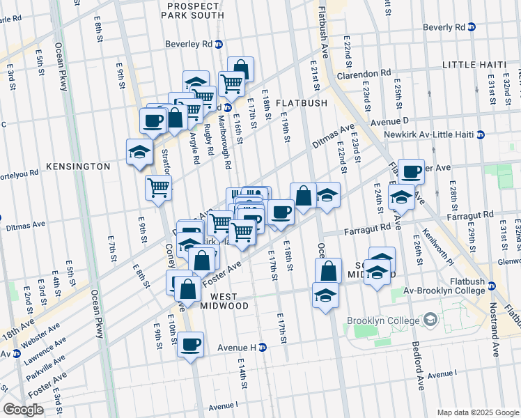map of restaurants, bars, coffee shops, grocery stores, and more near 578 East 17th Street in Brooklyn