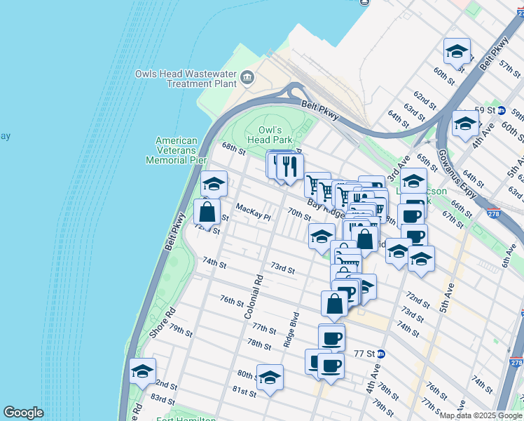 map of restaurants, bars, coffee shops, grocery stores, and more near 7016 Louise Terrace in Brooklyn