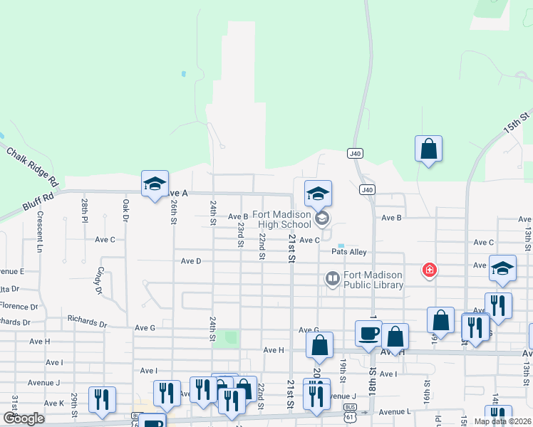 map of restaurants, bars, coffee shops, grocery stores, and more near 2 Joan Court in Fort Madison