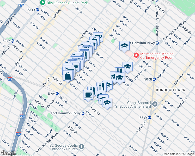 map of restaurants, bars, coffee shops, grocery stores, and more near 920 55th Street in Brooklyn