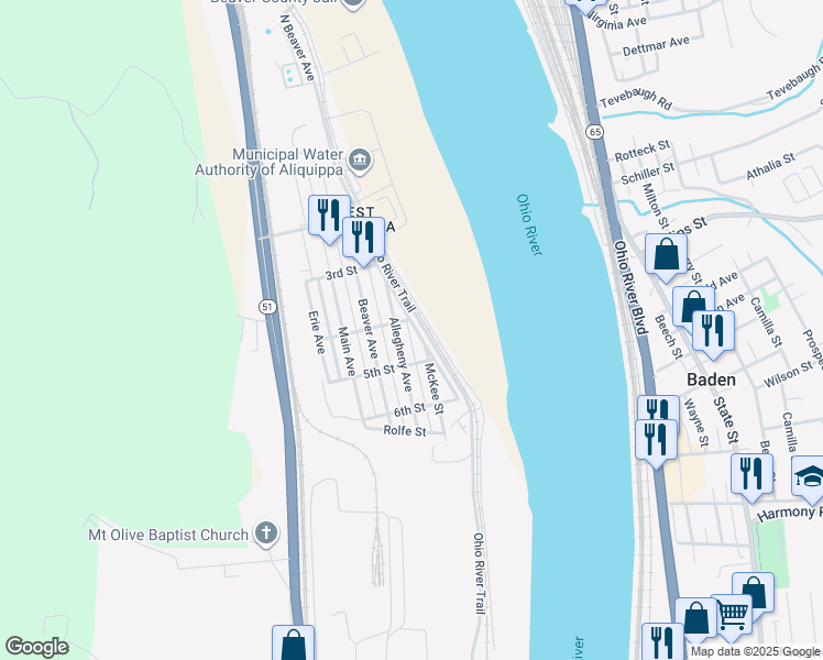 map of restaurants, bars, coffee shops, grocery stores, and more near 407 River Avenue in Aliquippa