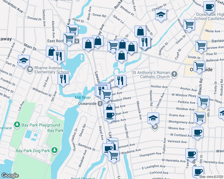 map of restaurants, bars, coffee shops, grocery stores, and more near 367 Merrifield Avenue in Oceanside